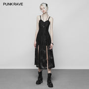 Gothic Dark Vintage Spitzenriemen Split Kleid mit Blumenmuster