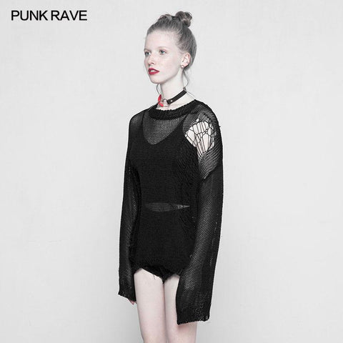 Lose Mesh Ripped Hole Tattered Distressed Strickpullover Top