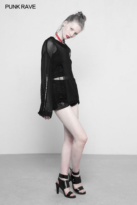 Lose Mesh Ripped Hole Tattered Distressed Strickpullover Top