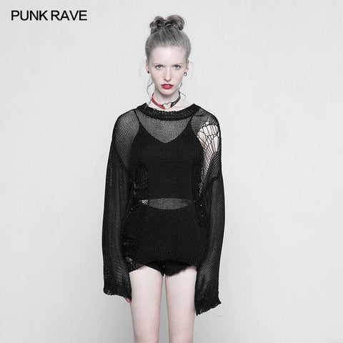 Lose Mesh Ripped Hole Tattered Distressed Strickpullover Top