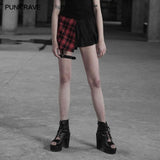 Punk Asymmetrischer schwarz-roter karierter Faltenrock für Frauen