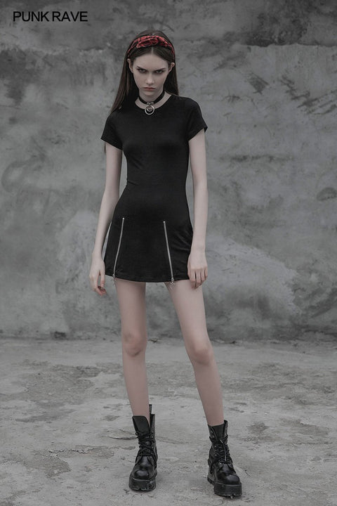 Frauen Minimalist Black Slim-Fitting Punk-Kleid Mit Liebe Anhänger Reißverschlüsse