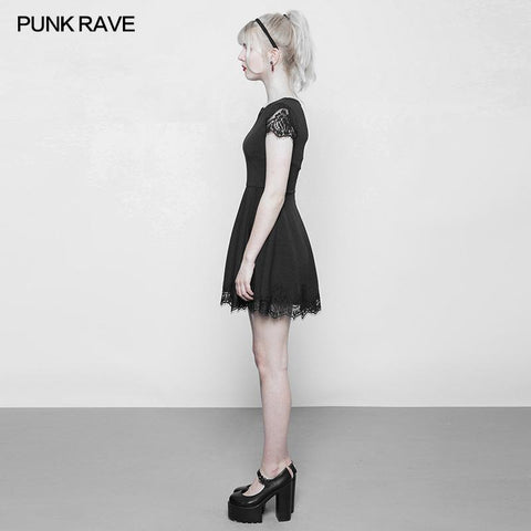 Damen Hollow Out Lace Stitching V-Kragen Gothic Kleid