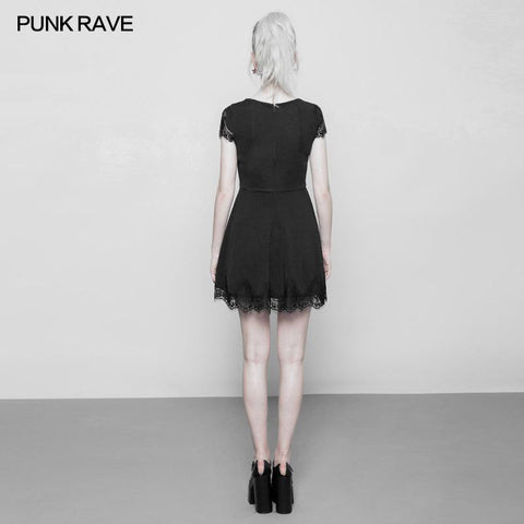 Damen Hollow Out Lace Stitching V-Kragen Gothic Kleid