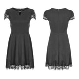 Damen Hollow Out Lace Stitching V-Kragen Gothic Kleid