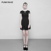Damen Hollow Out Lace Stitching V-Kragen Gothic Kleid
