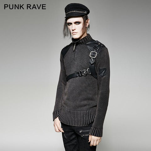 Steampunk geräucherte graue Punk-Pullover mit Gürtel