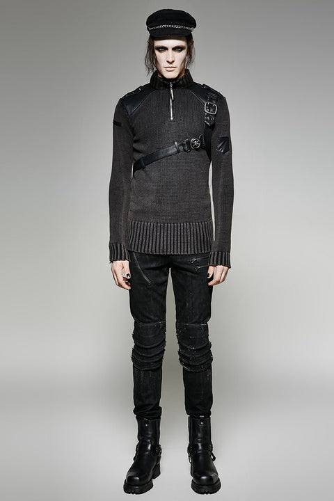Steampunk geräucherte graue Punk-Pullover mit Gürtel