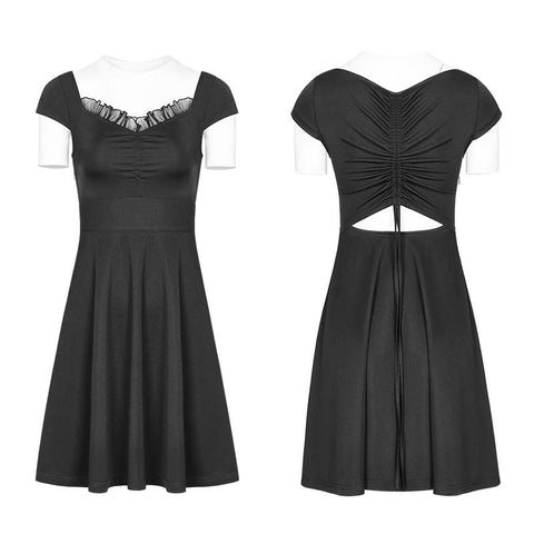 Damen Lotus Leaf V-Kragen Klappbarer Kordelzug Schwarzes Neckholder-Kleid