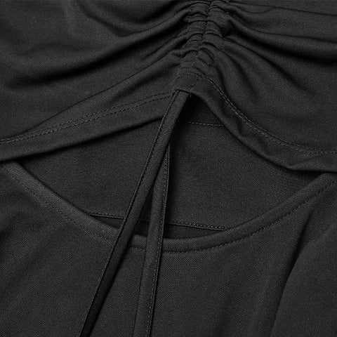 Damen Lotus Leaf V-Kragen Klappbarer Kordelzug Schwarzes Neckholder-Kleid