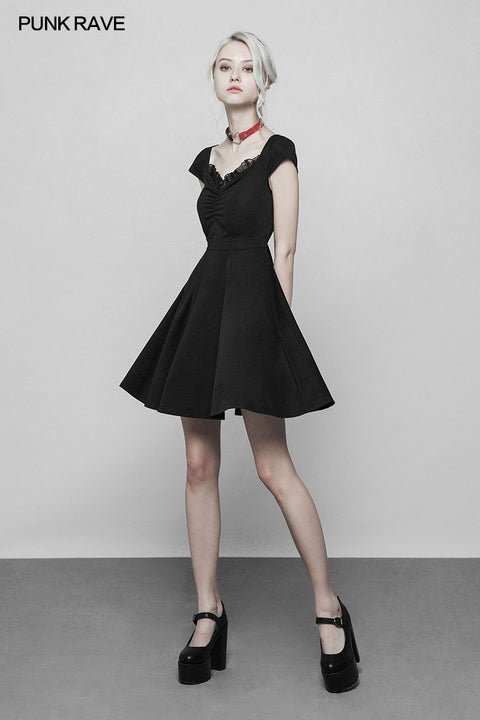 Damen Lotus Leaf V-Kragen Klappbarer Kordelzug Schwarzes Neckholder-Kleid
