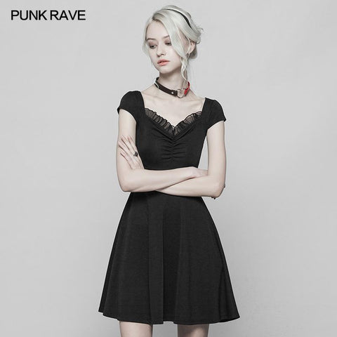 Damen Lotus Leaf V-Kragen Klappbarer Kordelzug Schwarzes Neckholder-Kleid