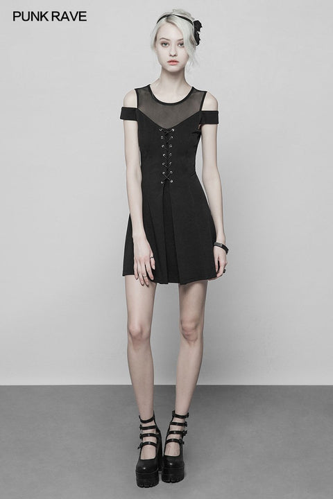 Damen gestrickt vorne Krawatte Seil Design Mesh Stitching trägerloses Kleid