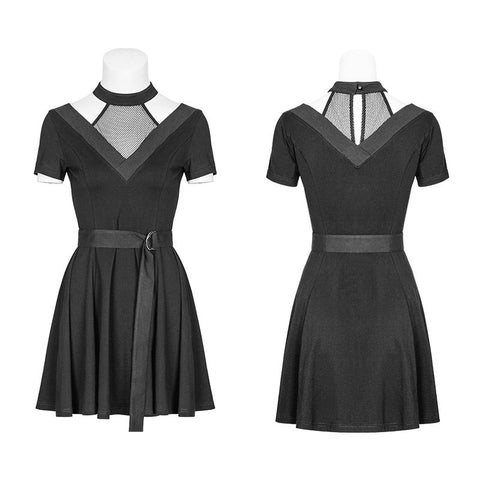 Persönlichkeit Baumwolle Choker Mesh Stitching Black Punk Kleid mit Gürtel