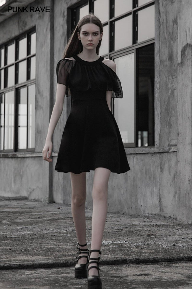 Gothic Elegant Black Chiffon Seidenkleid für Frauen