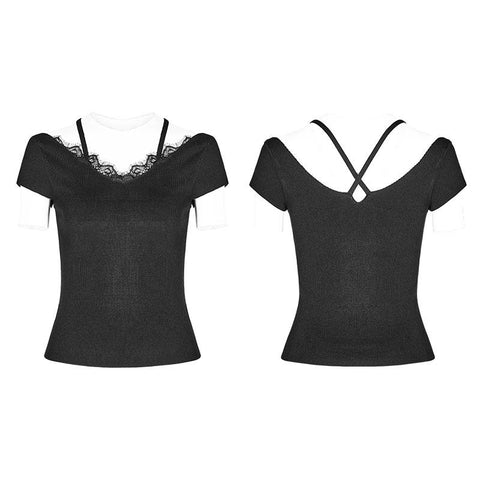 Punk Lace V-Kragen Back Cross Strap Strickpullover T-Shirt