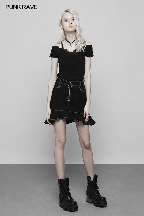 Punk Lace V-Kragen Back Cross Strap Strickpullover T-Shirt