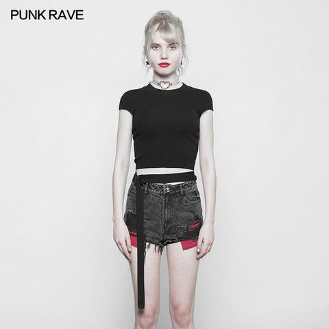 Damen Punk-Pullover mit rundem Kragen und Persönlichkeitsgürtel