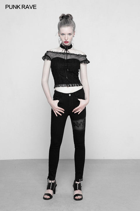 Weiche Spitze imitieren Seide Faltige Nähte von Schulteroberteilen Gothic T-Shirt für Frauen