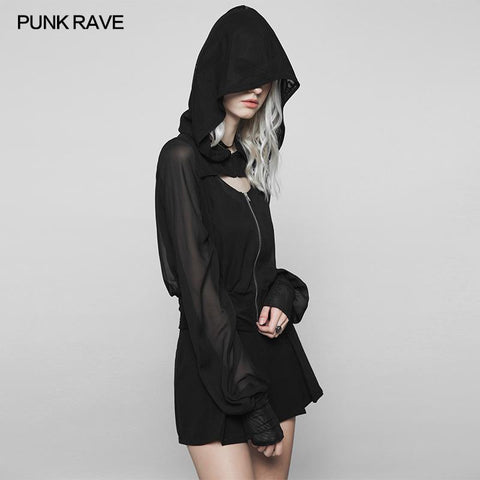 Dark Sexy V-Kragen Chiffon Mesh Stitching Kurz Punk Mantel Mit Kapuze