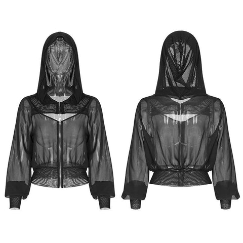 Dark Sexy V-Kragen Chiffon Mesh Stitching Kurz Punk Mantel Mit Kapuze