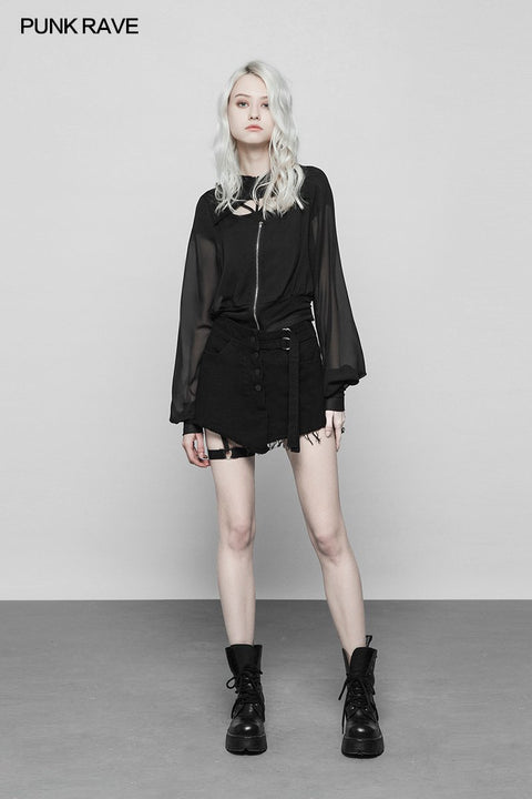 Dark Sexy V-Kragen Chiffon Mesh Stitching Kurz Punk Mantel Mit Kapuze