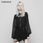 Dark Sexy V-Kragen Chiffon Mesh Stitching Kurz Punk Mantel Mit Kapuze