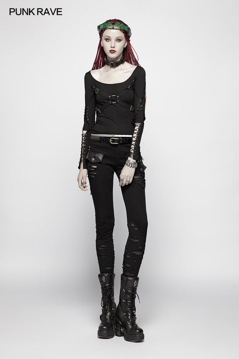Punk Hollow-Out Langarm T-Shirt