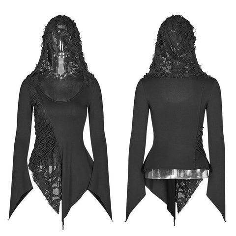 Asymmetrisches Langarm-T-Shirt mit dunkler Kapuze