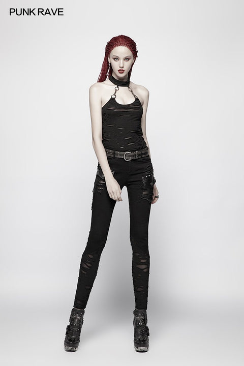 Punk Womens Halfter Broken Hole Chain Strickweste