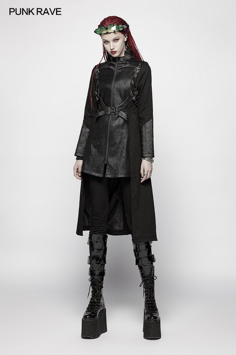 Punk Frauen Stehkragen Krieger High Low Long Coat
