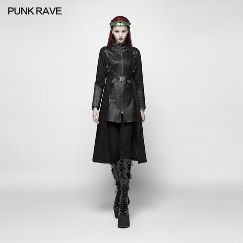 Punk Frauen Stehkragen Krieger High Low Long Coat