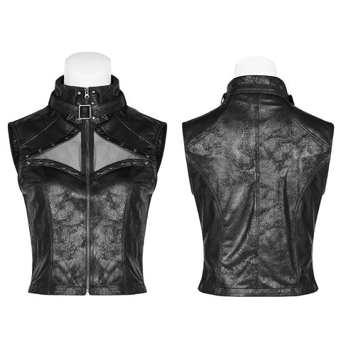 Punk High Neck Elastic Strick PU Super Short Weste