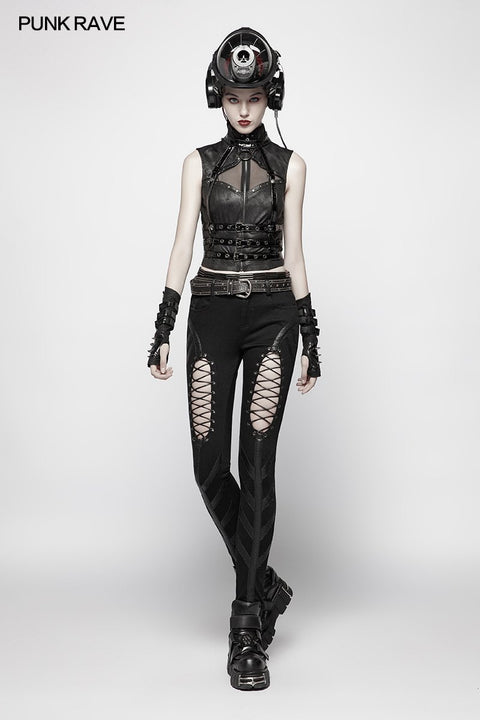 Punk High Neck Elastic Strick PU Super Short Weste