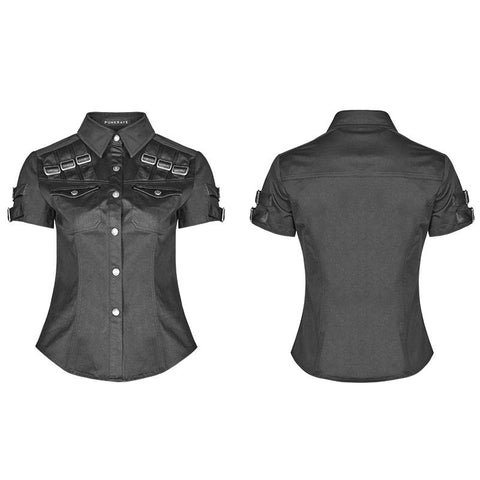 Militärisches Kurzarmhemd mit PU-Schlaufe und Metallverstell-Schnallenbluse