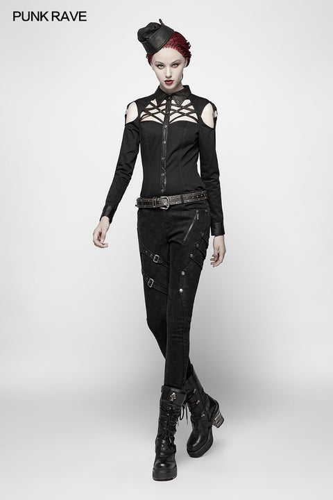 Punk Cross Langarm Hollow-Out Schulterhemd