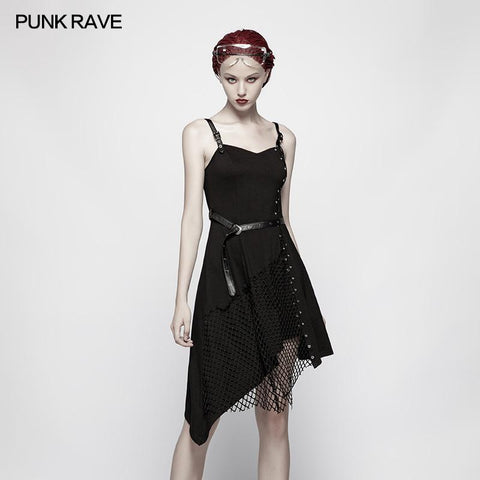 Täglich Dark Punk Spaghetti Straps Asymmetrisches Netzkleid