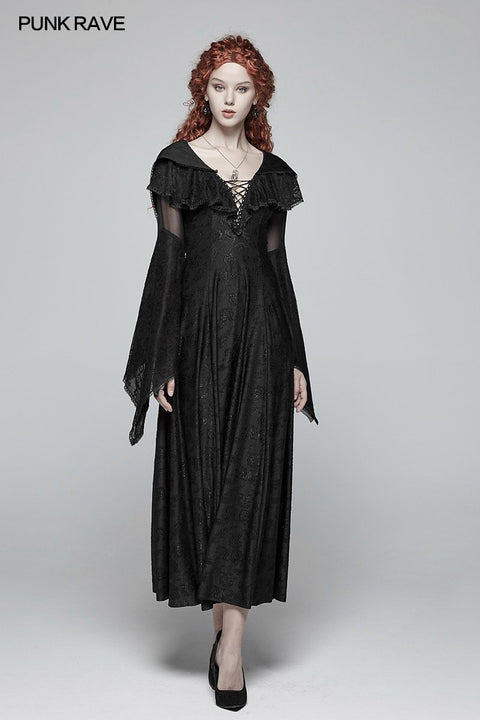 Sexy Goth Schnür-V-Ausschnitt Langarm Langes Kleid