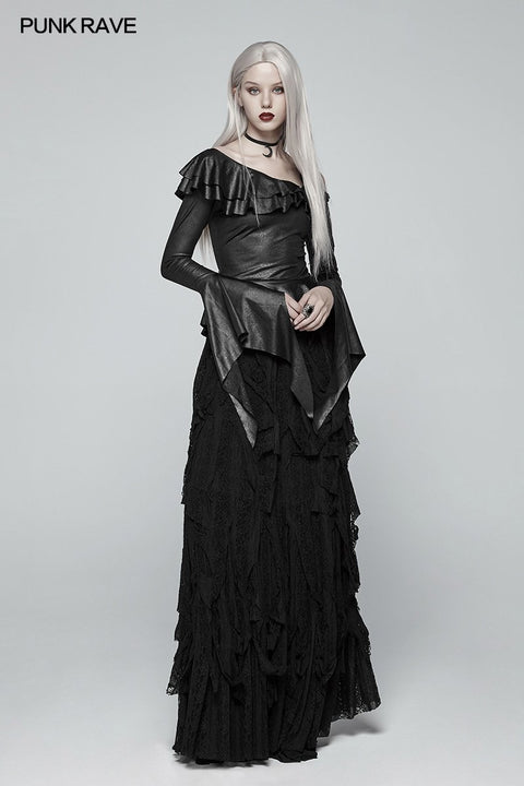 Gothic Stretch Dark Pattern Asymmetrisches Kragenoberteil mit Rüschenmanschette