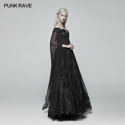 Retro und elegantes dunkles gotisches schulterfreies Victoria langes Spitzenkleid