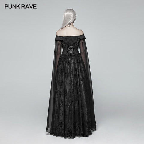 Retro und elegantes dunkles gotisches schulterfreies Victoria langes Spitzenkleid