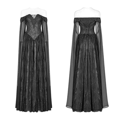 Retro und elegantes dunkles gotisches schulterfreies Victoria langes Spitzenkleid