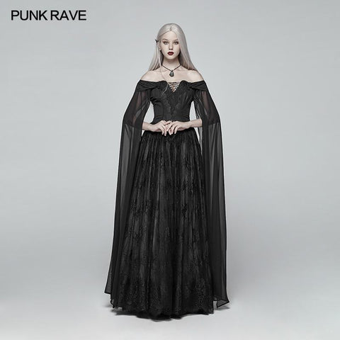 Retro und elegantes dunkles gotisches schulterfreies Victoria langes Spitzenkleid
