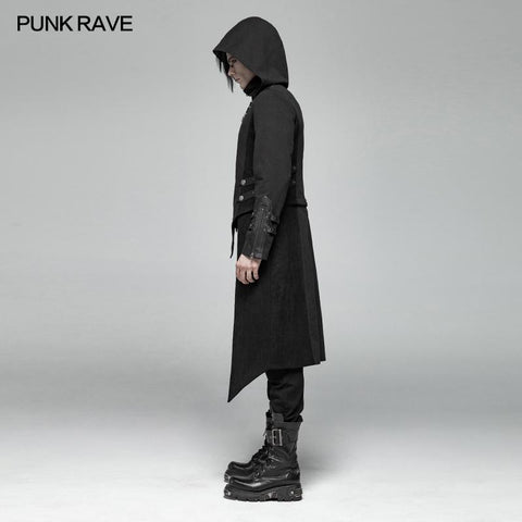 Herren Punk Split Hooded Jacket Asymmetrischer langer Trenchcoat