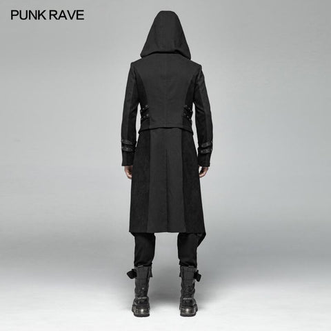 Herren Punk Split Hooded Jacket Asymmetrischer langer Trenchcoat