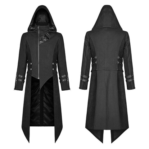 Herren Punk Split Hooded Jacket Asymmetrischer langer Trenchcoat
