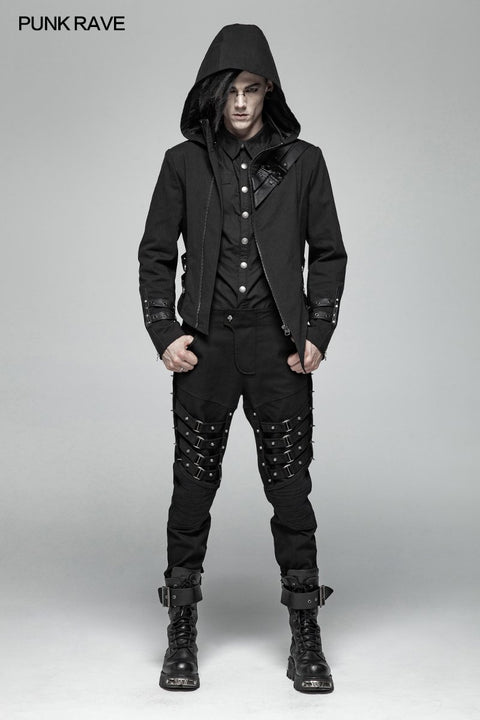 Herren Punk Split Hooded Jacket Asymmetrischer langer Trenchcoat