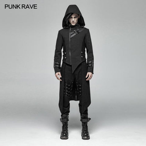 Herren Punk Split Hooded Jacket Asymmetrischer langer Trenchcoat