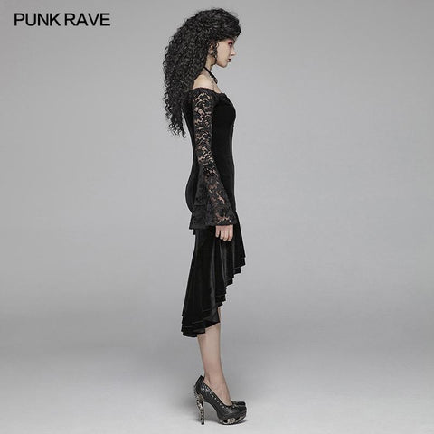 Gothic Damen Samt Langarm High-Low Spitzenkleid