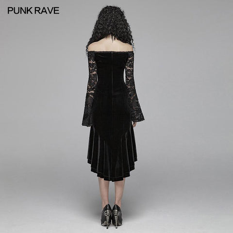 Gothic Damen Samt Langarm High-Low Spitzenkleid
